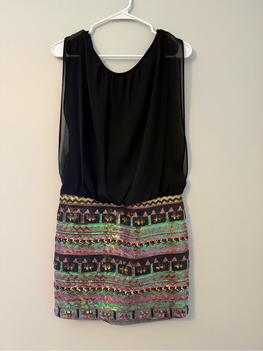 Aidan Mattox Black Chiffon Top Multicolor Embellished Sequin Mini Dress